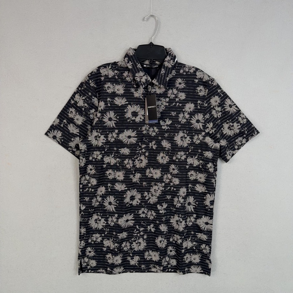 Travis Mathew Polo Mens Medium Black Floral Shaded Grove Golf Performance Preppy